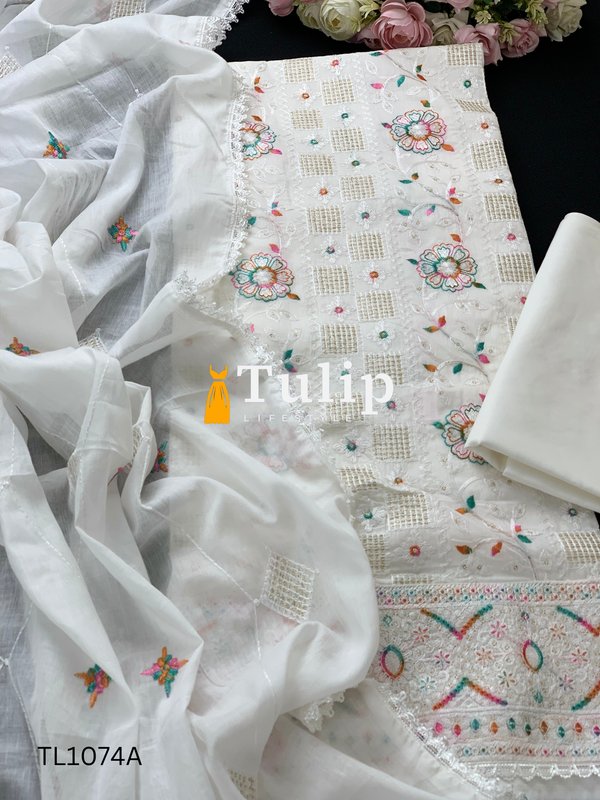 Pearl White Embroidered Cotton Dress - TL1074A gallery image
