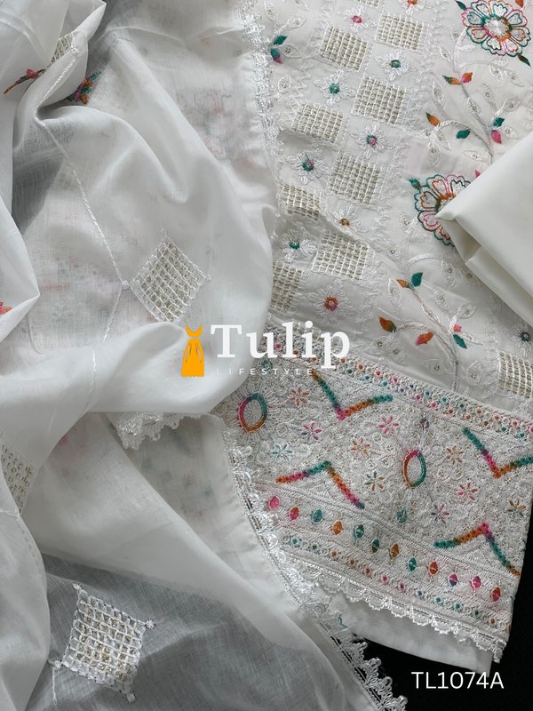 Pearl White Embroidered Cotton Dress - TL1074A gallery image